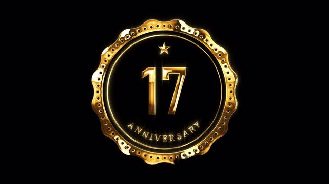 17th Anniversary Celebration. Happy 17 Years Anniversary Animation in Gold Color on the Transparent Background, Alpha Channel. Great for greetings, celebrations, events, and gifts.