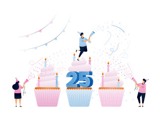 Party people blow confetti between three cupcakes for a 25th anniversary event. Illustrations can be used for invitations, cards, templates, greetings, weddings, covers, flyers, postcards