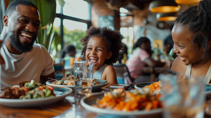 Happy Family Enjoying Meal At Restaurant