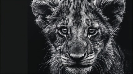 Obraz premium Intricate Black and White Lion Cub Portrait