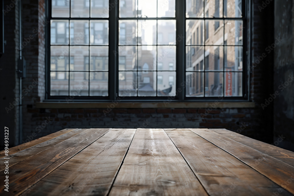 Aufkleber empty wooden table top in front of blurred city view window