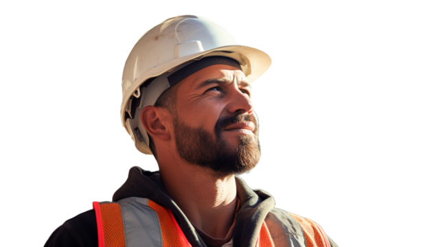 Construction worker in yellow hard hat side view, isolated on transparent background.