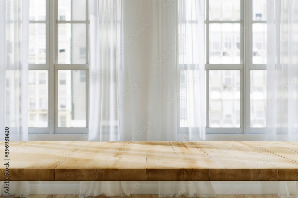Poster empty wooden table top with white curtain and city view from window background, for product display 