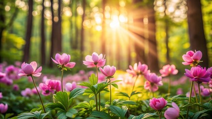 Obraz premium Beautiful pink flowers in the soft morning light of the forest, pink, flowers, morning, forest, nature, peaceful, serene