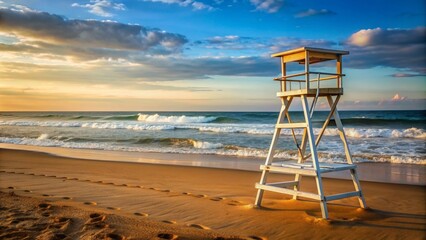 Lifeguard chair on sandy beach overlooking the ocean waves , summer, lifeguard, chair, beach, sand, ocean, waves, sunny