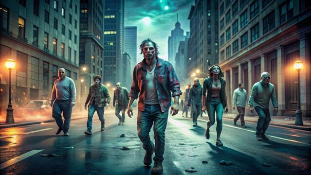 Zombies wandering the deserted city streets at night, apocalypse, undead, horror, spooky, urban, zombies, walking dead