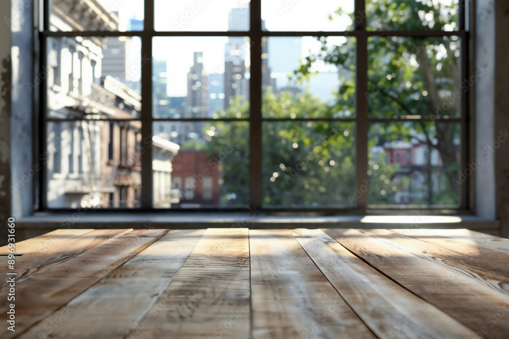Aufkleber empty wooden tabletop surface for product placement with blurred cityscape background
