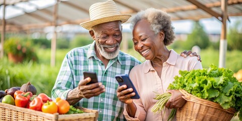 Senior African American couple using smartphone to buy vegetables at farm, senior, couple, African American, smartphone