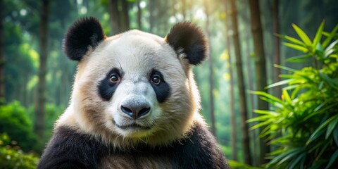 Obraz premium A detailed close-up photo of a giant panda in a forest setting, giant panda, wildlife, endangered species, black and white