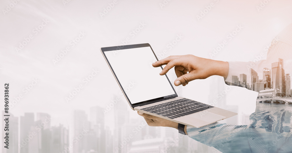 Poster double exposure image of businessman using computer on abstract modern city background. future busin