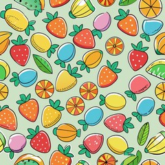 Seamless pattern of fruit-flavored hard candies, Generative AI