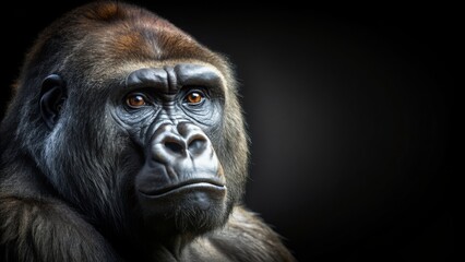 Obraz premium Close-up view of a male gorilla in low-key lighting, isolated on a black background , Gorilla, male