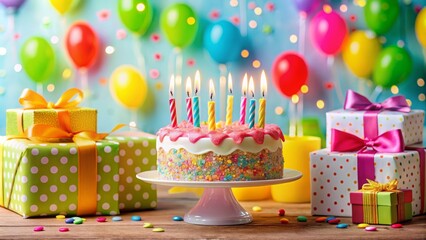 Colorful birthday cake with candles and gifts on a festive background, happy birthday, wallpaper, greeting card