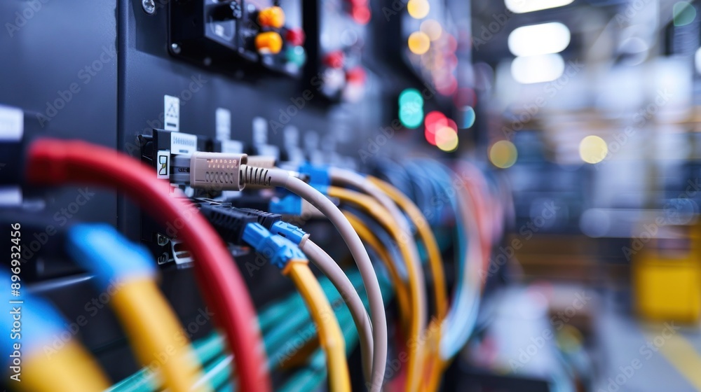 Poster a closeup image of a network panel with colorful cables connected to it
