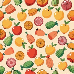 Seamless pattern of fruit-flavored hard candies, Generative AI