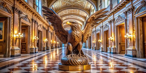 Obraz premium Majestic eagle sculpture in ornate hallway , majestic, eagle, sculpture, ornate, hallway, stone, feathers, lifelike, detailed