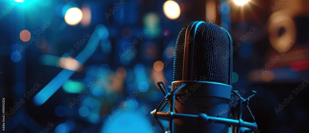 Poster a closeup view of a microphone in a studio setting
