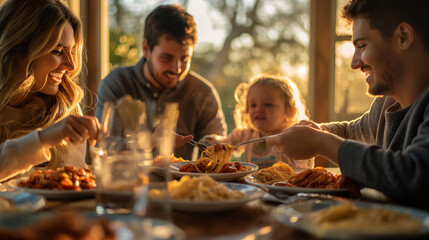 Family Enjoying Dinner Together at Home During Golden Hour
