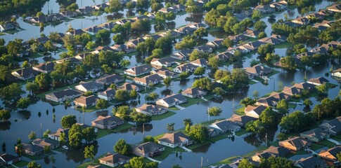 A bird's-eye perspective of flooded residential areas reveals the extent of water coverage over homes and streets