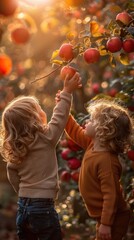 Kids Reaching for Apples in Orchard