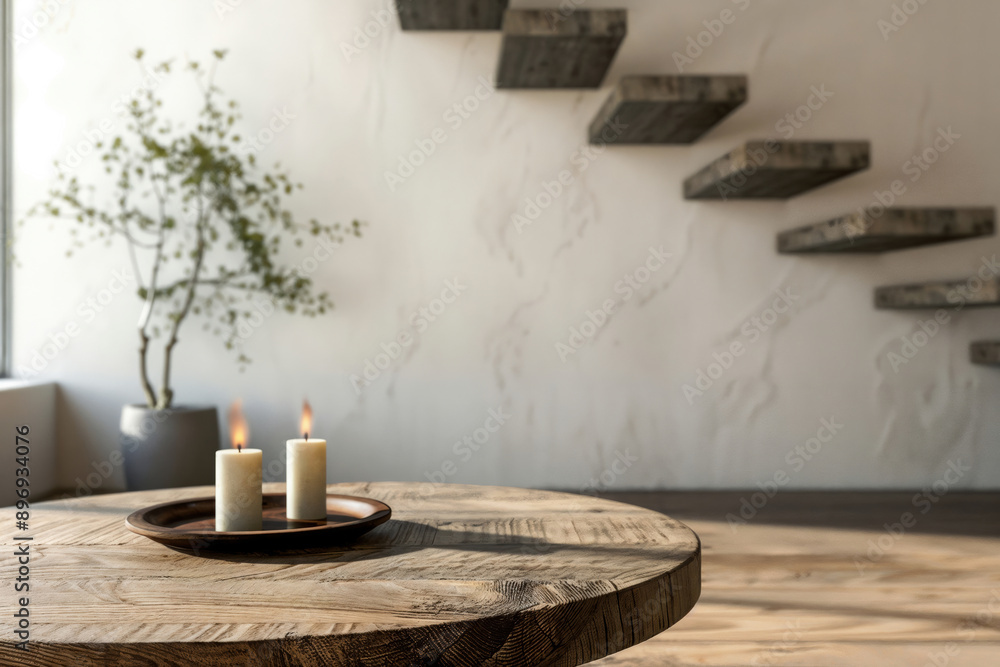Poster two lit candles burning on rustic coffee table creating calm atmosphere in modern apartment