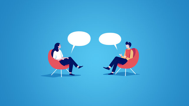 un homme et une femme assis dans des fauteuils l'un en face de l'autre discutent, bulles de bande dessin&eacute; pour les dialogues
