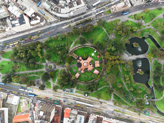 Quito, Ecuador: Aerial top down view of the La Alameda park and its astronomical observatory in the...