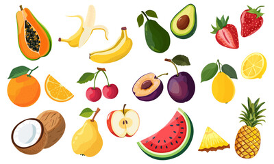 Set of fruit and berry icons. Natural tropical fruits.  Papaya, banana, avocado, pineapple, coconut, strawberry, watermelon, orange, lemon, cherry, plum, pear, apple. Vector illustration. Isolatedlate