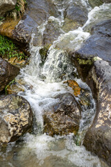 A close view of a waterfall cascading onto the rocks. Water splashes, dry leaves and foam are visible