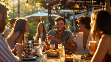 Friends Enjoying Dinner Together at an Outdoor Restaurant in the Evening