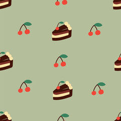 seamless pattern covered cakes with cherry. Template for Notebook covers, pattern for wallpapers, textile or for cafe, bakery. hand-drawn vector elements. Cute sweet food. World chocolate day