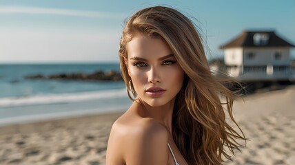 Beautiful Woman at the Beach Looking into the Camera