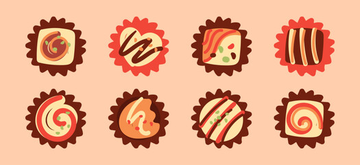 set of clipart chocolate candy.  Celebration of World Chocolate Day with this images. Chocolate candies, cakes, pastries. Delicious food. Bright illustration