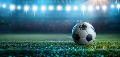 Soccer ball on illuminated field at night, perfect for sports themes. Vivid lights and detailed grass create an engaging atmosphere. football player whose exceptional skills make them a true winner