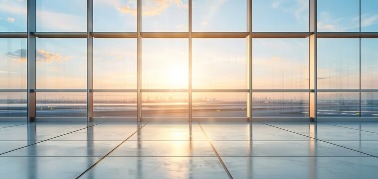 Sunrise view through large modern glass windows of a spacious, empty airport terminal with shiny floors and clear skies. baggage claim area with conveyor belts and large windows