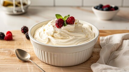 Creamy Mascarpone Cheese with Fresh Berries in White Dish, Ideal for Desserts or Culinary Designs