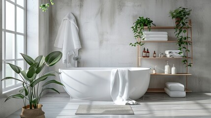 Fototapeta premium Modern Bathroom Interior Design with White Bathtub and Plants