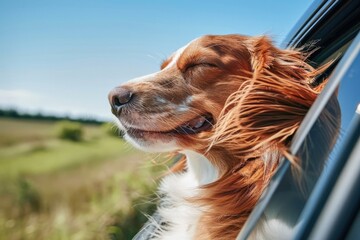 A dog enjoys the breeze through a car window. This photo is perfect for websites and advertisements for pet products or road trips.