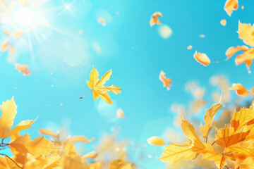 Fototapeta na wymiar Autumn background with yellow leaves on blue sky, bright sun rays and copy space for text. Autumn fall season concept