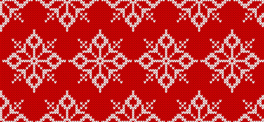 Holiday fair traditional ornament. Festive print with snowflakes. Christmas seamless background. Knit winter red pattern. Knitted Xmas sweater texture. Vector illustration.