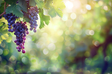 Grapes hanging from the vine in an orchard with sunlight filtering through, creating a vibrant and colorful background