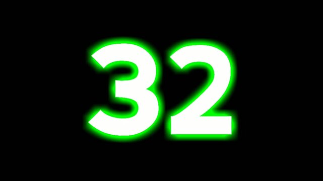 Neon number 32 thirty two sign symbol modern animation motion graphics flicking on black background,green color glowing and shining for video elements