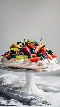 Gourmet pavlova cake topped with fresh berries kiwi fruit blueberries strawberries whipped cream light fluffy dessert elegant photogenic colorful sweet treat indulgent refreshing white cake stand Aust