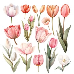 Obraz premium Watercolor tulip clipart in different shades of pink, red, and orange.