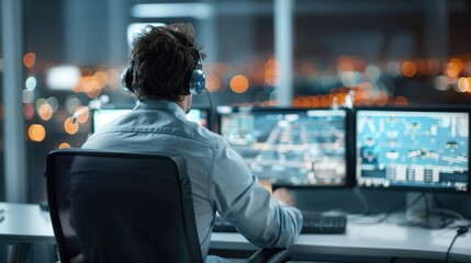Fototapeta premium Coordination of air traffic controllers managing multiple flights, focused and precise.
