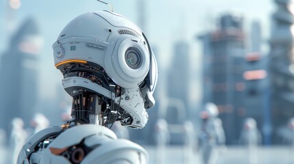 Fototapeta premium Robots and humans coexist in a futuristic cityscape.