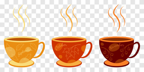 Set of cups with autumn design and inscription September, October, November, vector.