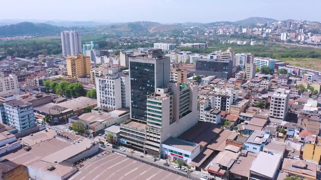 Sunny Aerial Drone dolly push out View of Aterrado Neighborhood in Volta Redonda, Rio de Janeiro, Brazil - Urban Landscape