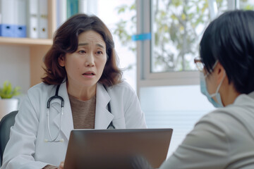 Obraz premium PCでカルテを見ながら診察をする女性医師
