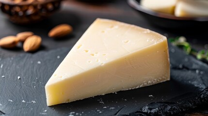 Wedge of Manchego Cheese on Slate Board Topped with Salt, Perfect for Culinary Use, Food Photography, Recipe Design